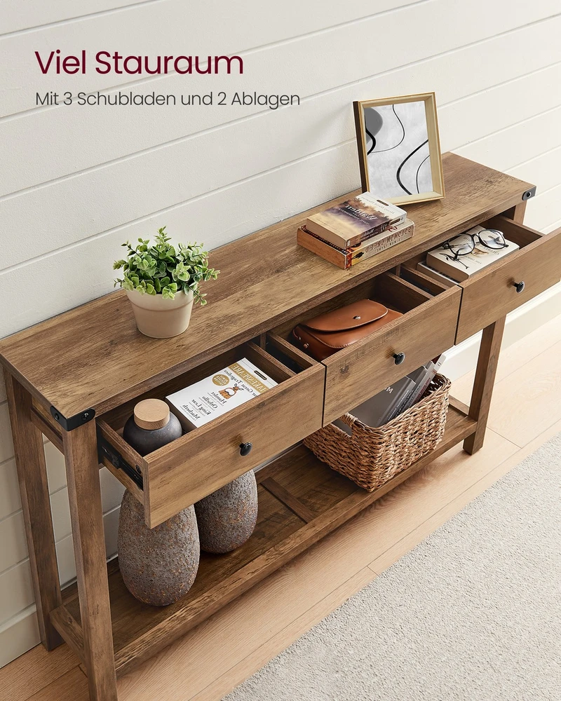 Songmics Konsolinis stalas prieškambariui su 3 stalčiais ir apatine lentyna, 24 x 120 x 76 cm, medaus rudas