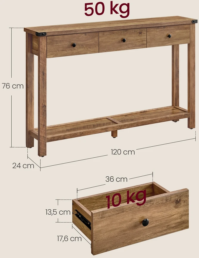 Songmics Konsolinis stalas prieškambariui su 3 stalčiais ir apatine lentyna, 24 x 120 x 76 cm, medaus rudas