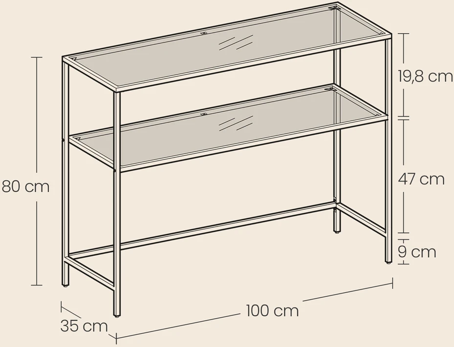 Koduva Konsolinis stalas su 2 lentynomis, stiklas ir metalas, 100 x 35 x 80 cm, juodas