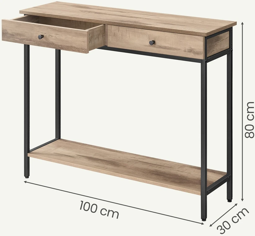 Songmics Konsolinis stalas su 2 stalčiais, 30 x 100 x 80 cm, plienas, rudai juodas