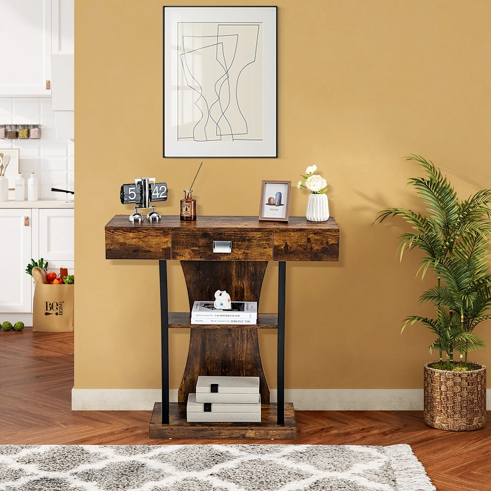 Promotion Konsolinis stalas su stalčiumi ir 2 aukštų lentynomis, Rustic Brown