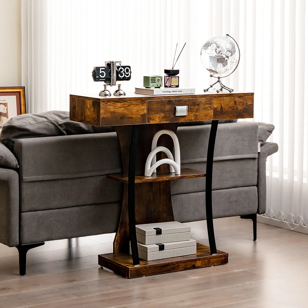 Promotion Konsolinis stalas su stalčiumi ir 2 aukštų lentynomis, Rustic Brown