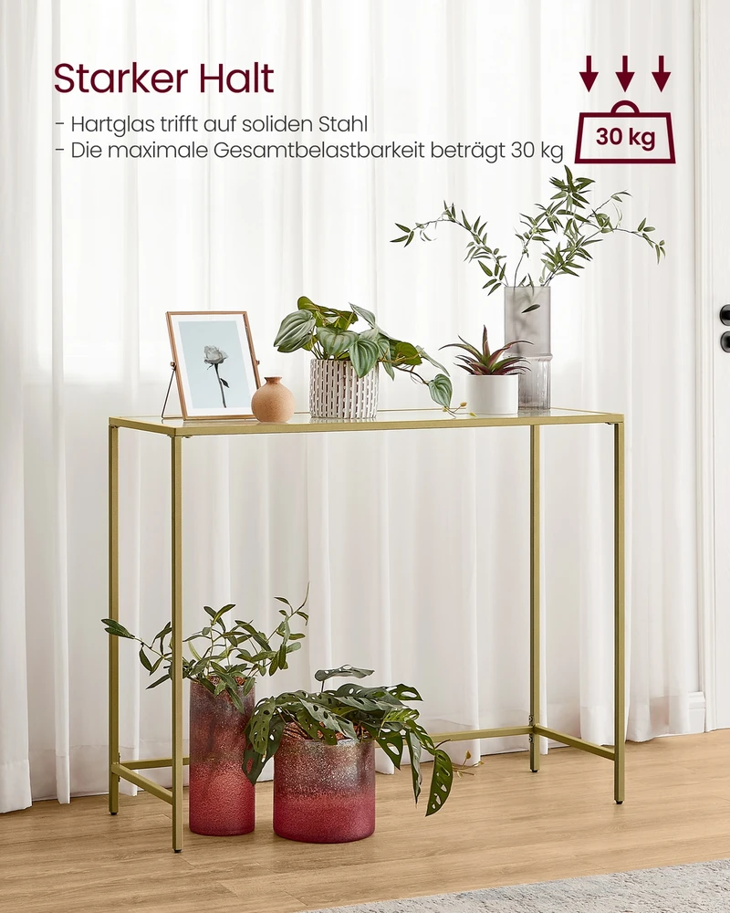 Songmics Konsolinis staliukas iš metalo ir stiklo, auksinės spalvos, 100 x 35 x 80 cm