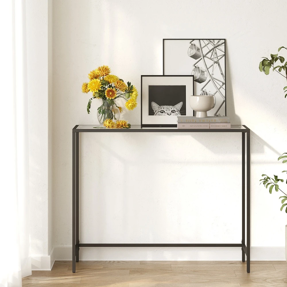 Songmics Konsolinis staliukas iš stiklo ir plieno, juodas, 100 x 35 x 80 cm, apkrova 30 kg