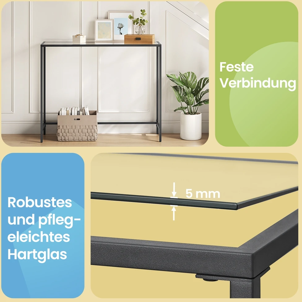 Songmics Konsolinis staliukas iš stiklo ir plieno, juodas, 100 x 35 x 80 cm, apkrova 30 kg
