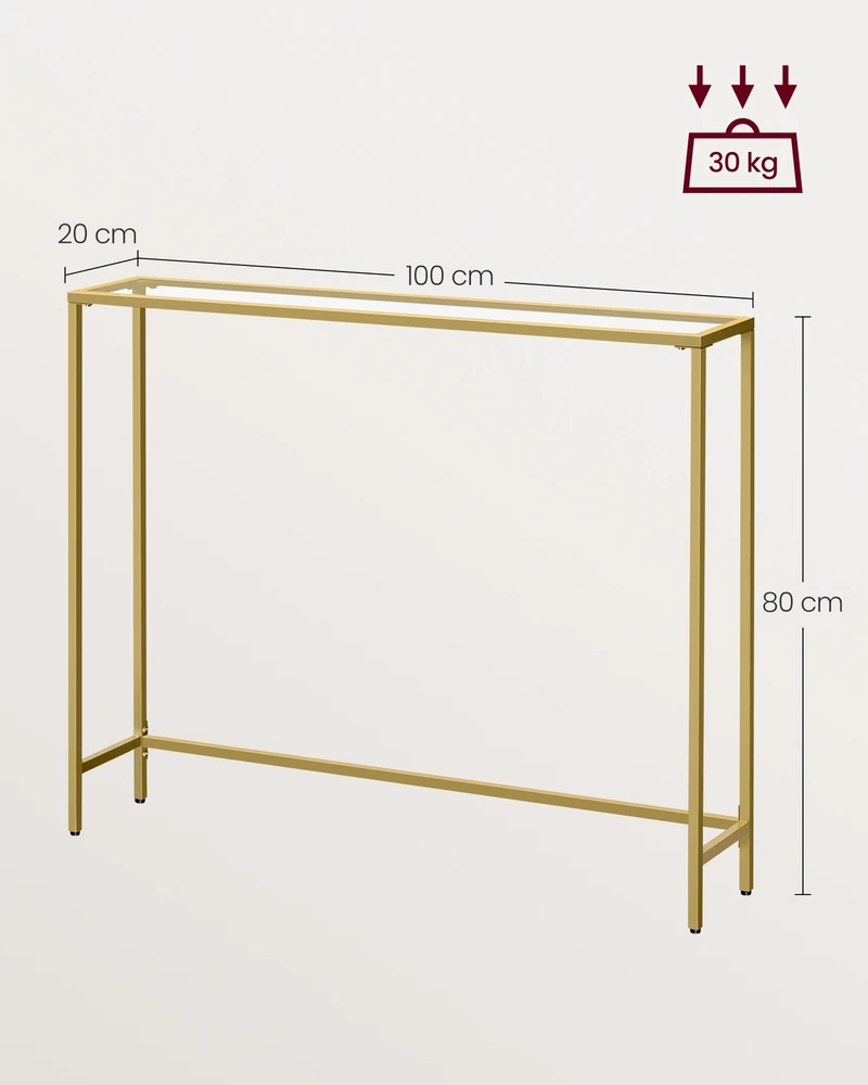 Songmics Konsolinis staliukas iš stiklo ir plieno, 20 x 100 x 80 cm, šviesiai auksinis, skaidrus