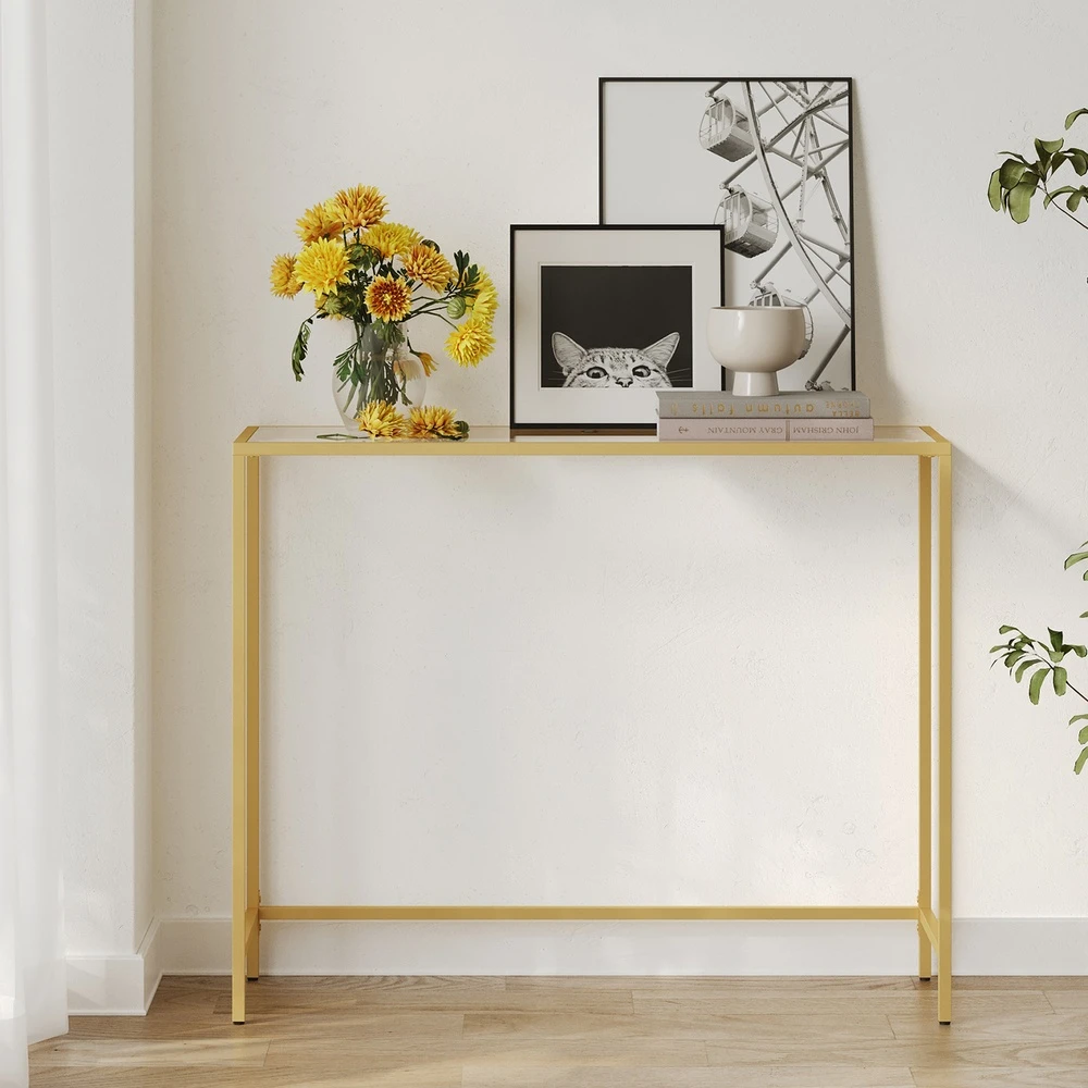 Songmics Konsolinis staliukas iš stiklo ir metalo, auksinės spalvos, 100 x 35 x 80 cm