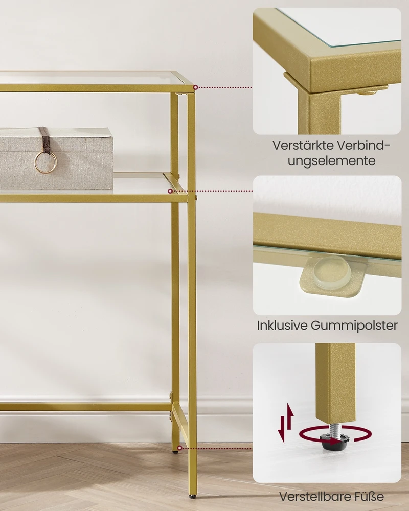 Songmics Konsolinis staliukas su 2 lentynomis, metalas ir stiklas, aukso spalvos, 100 x 35 x 80 cm