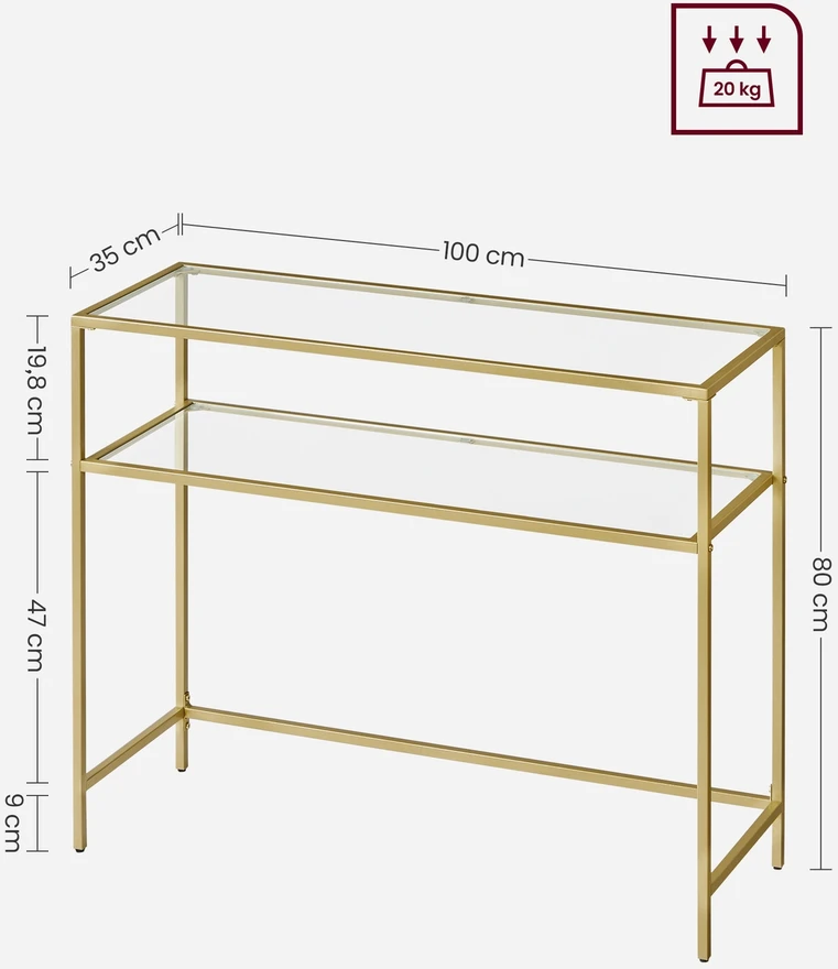 Songmics Konsolinis staliukas su 2 lentynomis, metalas ir stiklas, aukso spalvos, 100 x 35 x 80 cm