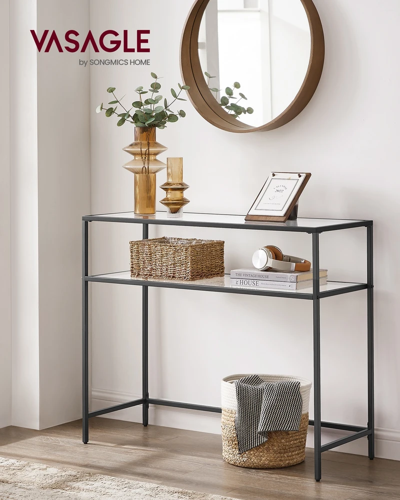 Songmics Konsolinis staliukas su 2 lentynomis, juodas, metalas ir stiklas, 100 x 35 x 80 cm