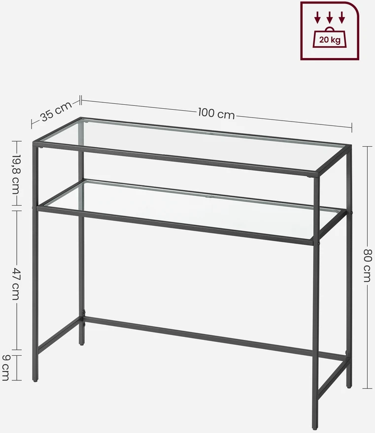 Songmics Konsolinis staliukas su 2 lentynomis, juodas, metalas ir stiklas, 100 x 35 x 80 cm