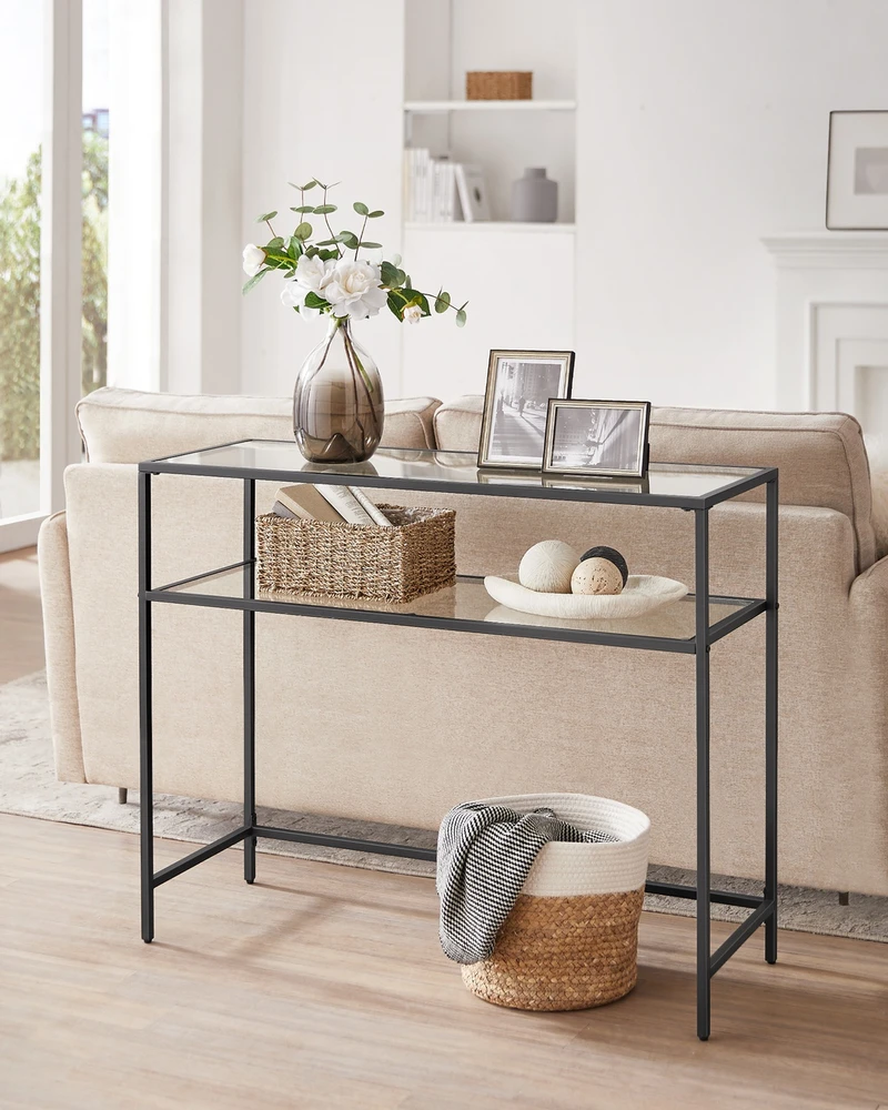 Songmics Konsolinis staliukas su 2 lentynomis, juodas, metalas ir stiklas, 100 x 35 x 80 cm
