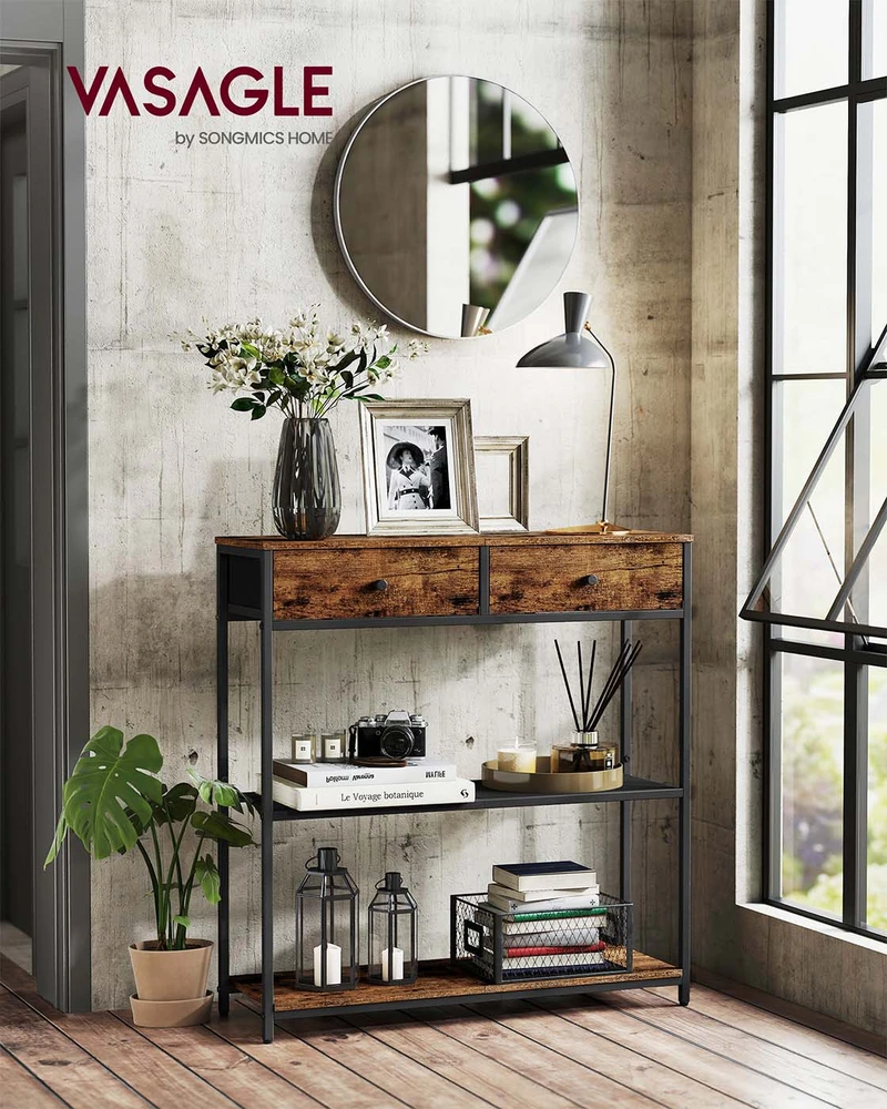Songmics Konsolinis staliukas su 2 medžiaginiais stalčiais, 24 x 76 x 80 cm, vintažinės rudos/juodos spalvos