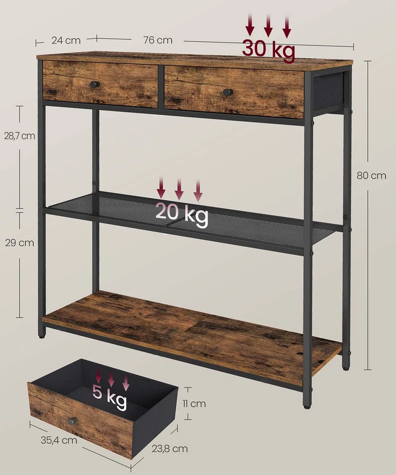Songmics Konsolinis staliukas su 2 medžiaginiais stalčiais, 24 x 76 x 80 cm, vintažinės rudos/juodos spalvos