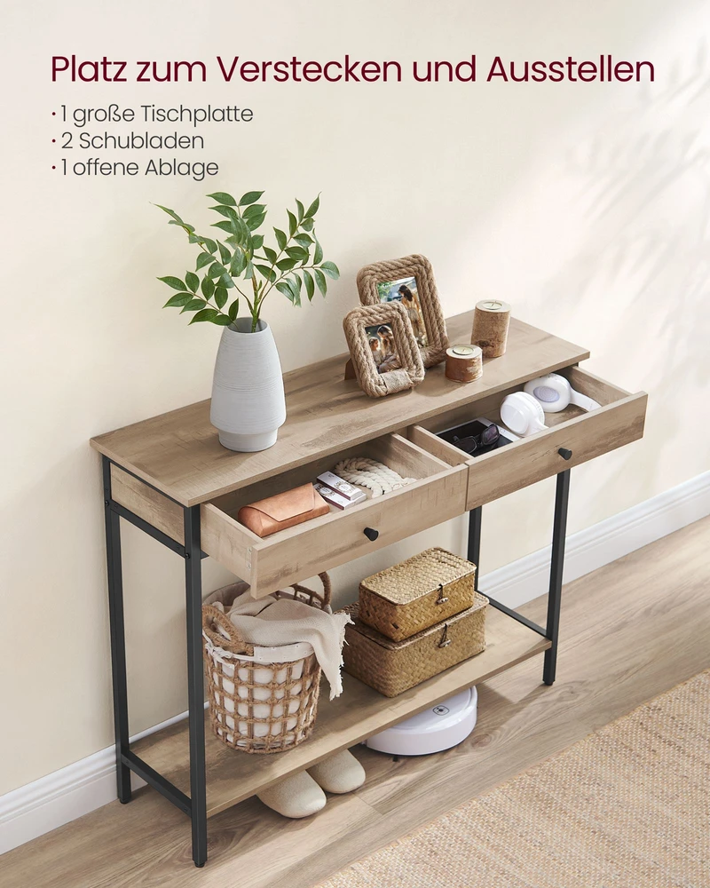 Songmics Konsolinis staliukas su 2 stalčiais, 30 x 100 x 80 cm, camel rudos ir juodos spalvos
