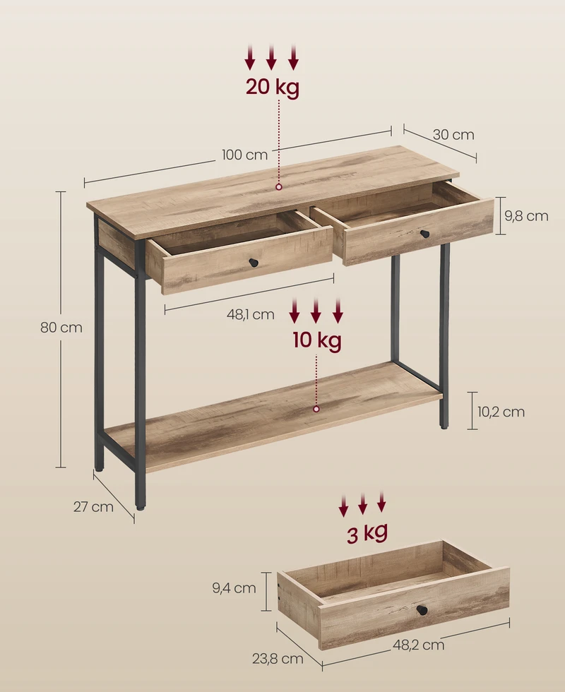 Songmics Konsolinis staliukas su 2 stalčiais, 30 x 100 x 80 cm, camel rudos ir juodos spalvos