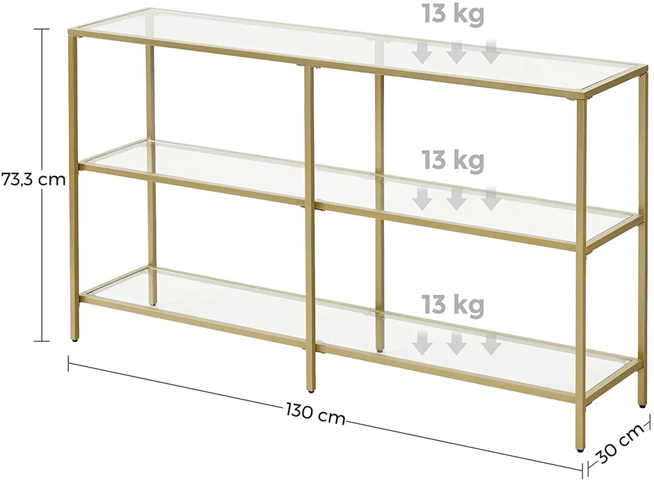 Songmics Konsolinis staliukas su 3 lentynomis, grūdintas stiklas ir plienas, 130 x 30 x 73 cm, aukso spalvos