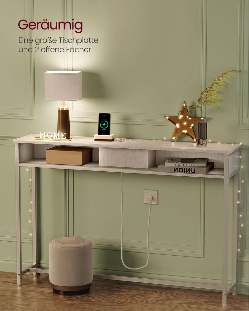 Songmics Konsolinis staliukas su lizdais, sniego baltumo, 25 x 120 x 81,1 cm, su 2 lentynomis