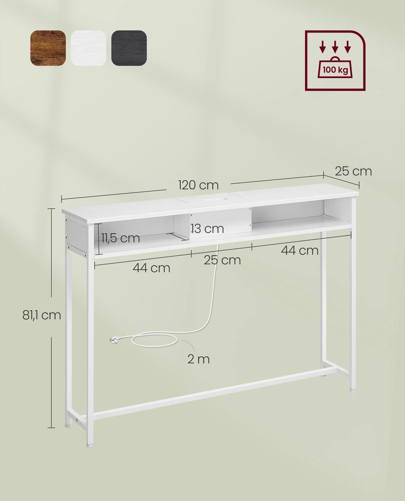 Songmics Konsolinis staliukas su lizdais, sniego baltumo, 25 x 120 x 81,1 cm, su 2 lentynomis