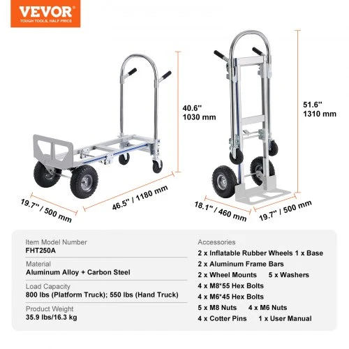 Koduva Konvertuojamas rankinis vežimėlis VEVOR FHT250A, 2 in 1, aliuminio lydinys ir anglinis plienas, iki 363 kg
