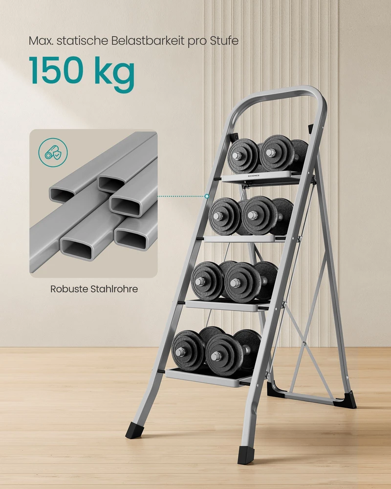 Songmics Kopėčių laiptelis su 4 pakopomis, plieno, iki 150 kg, pilkai rusvos spalvos