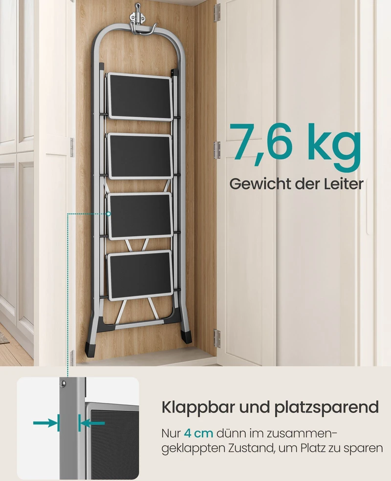 Songmics Kopėčių laiptelis su 4 pakopomis, plieno, iki 150 kg, pilkai rusvos spalvos