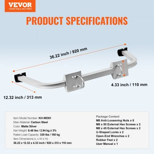 VEVOR Kopėčių stabilizatorius KH-WD01, anglinis plienas, matinė sidabro spalva, 92 x 31 x 11 cm, iki 150 kg