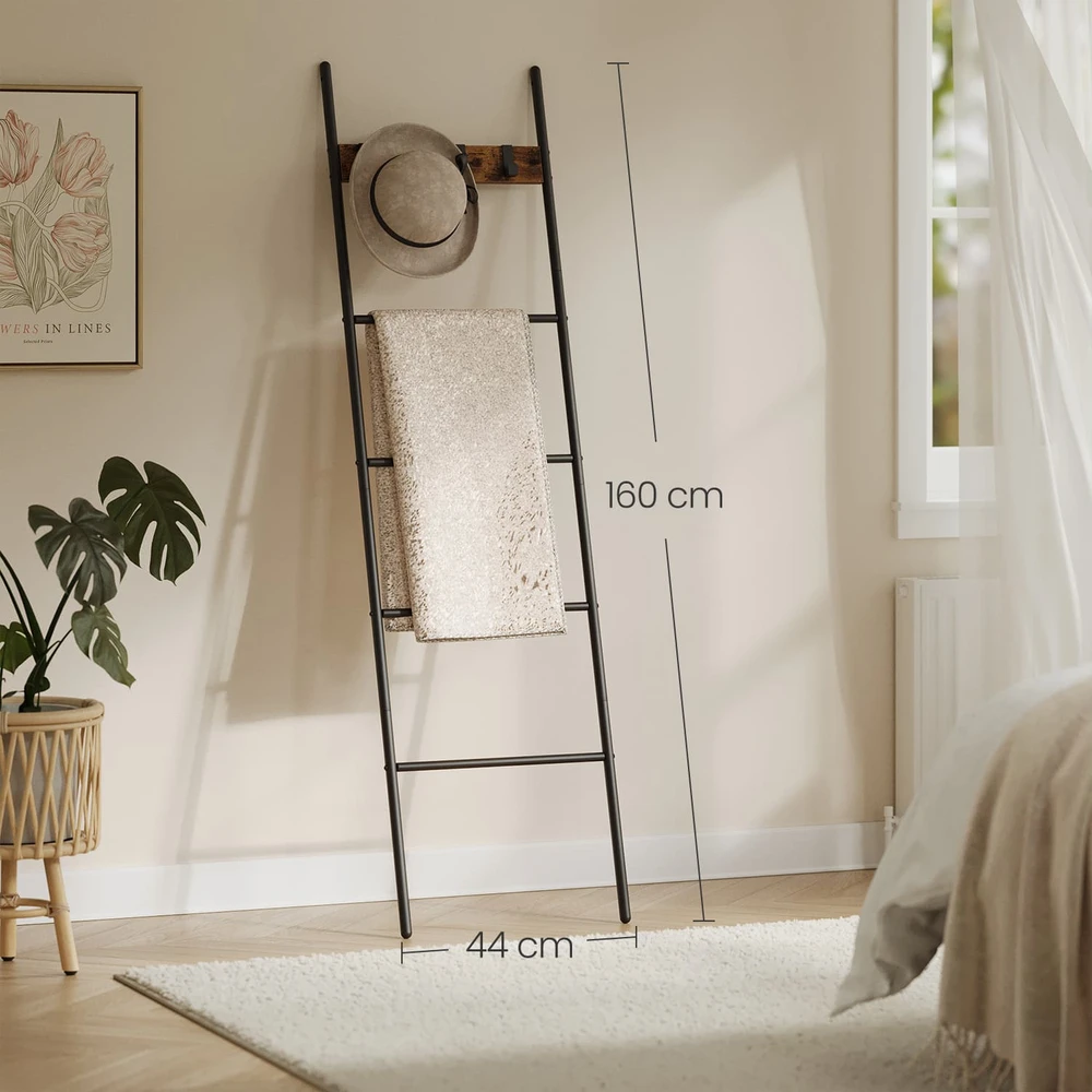 Songmics Kopėčių tipo rankšluosčių stovas su 5 lentynomis ir 4 kabliukais, 44 x 160 cm, rudas-juodas