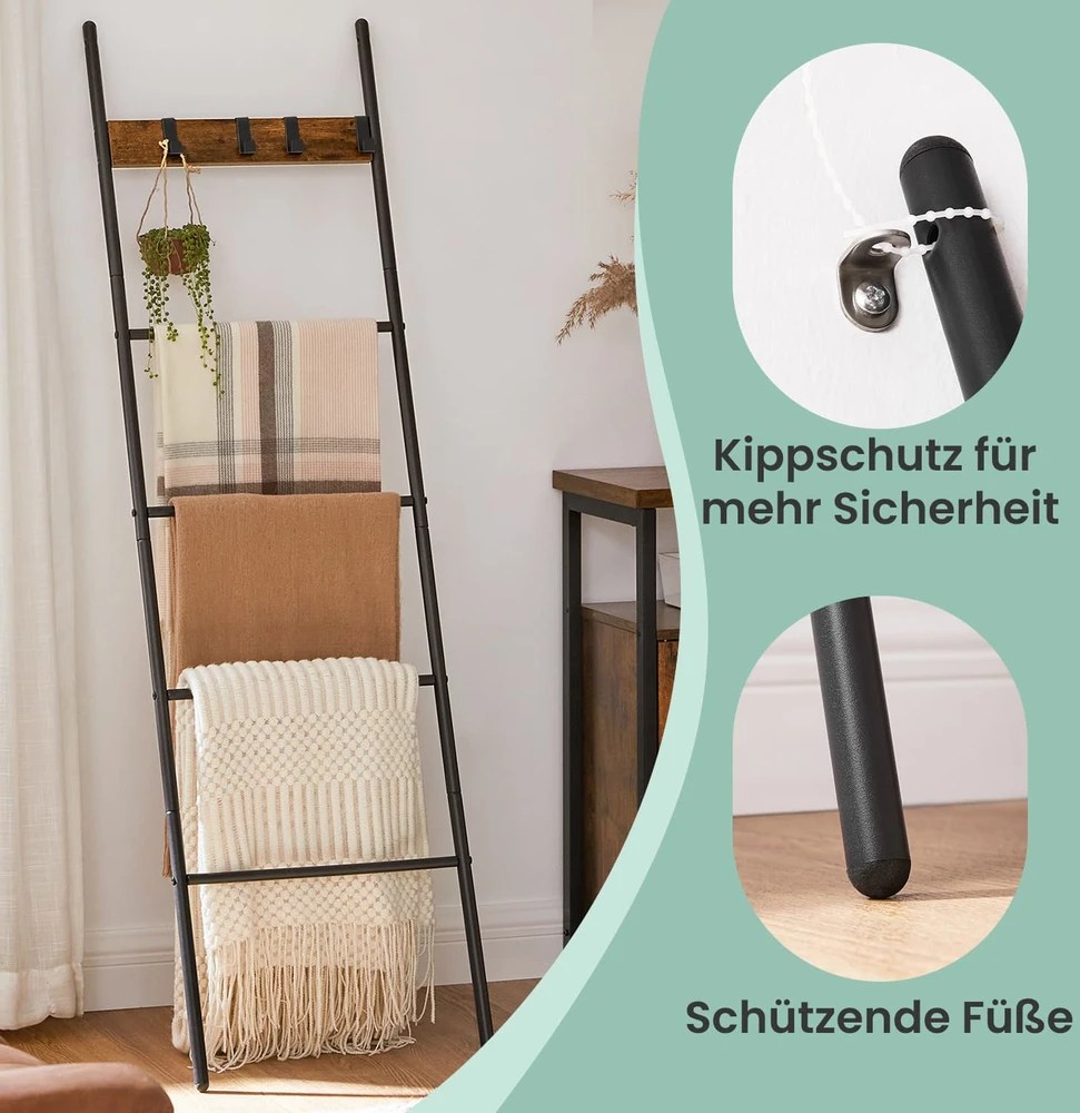 Songmics Kopėčių tipo rankšluosčių stovas su 5 lentynomis ir 4 kabliukais, 44 x 160 cm, rudas-juodas