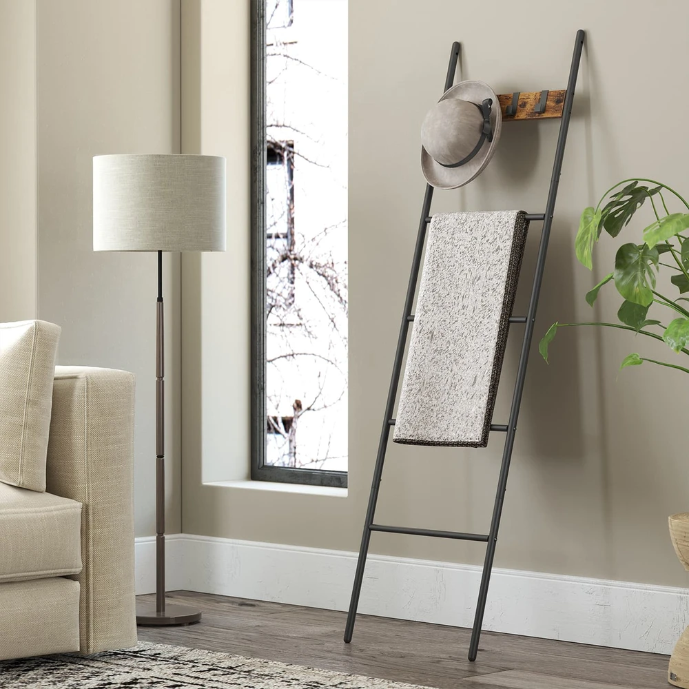 Songmics Kopėčių tipo rankšluosčių stovas su 5 lentynomis ir 4 kabliukais, 44 x 160 cm, rudas-juodas