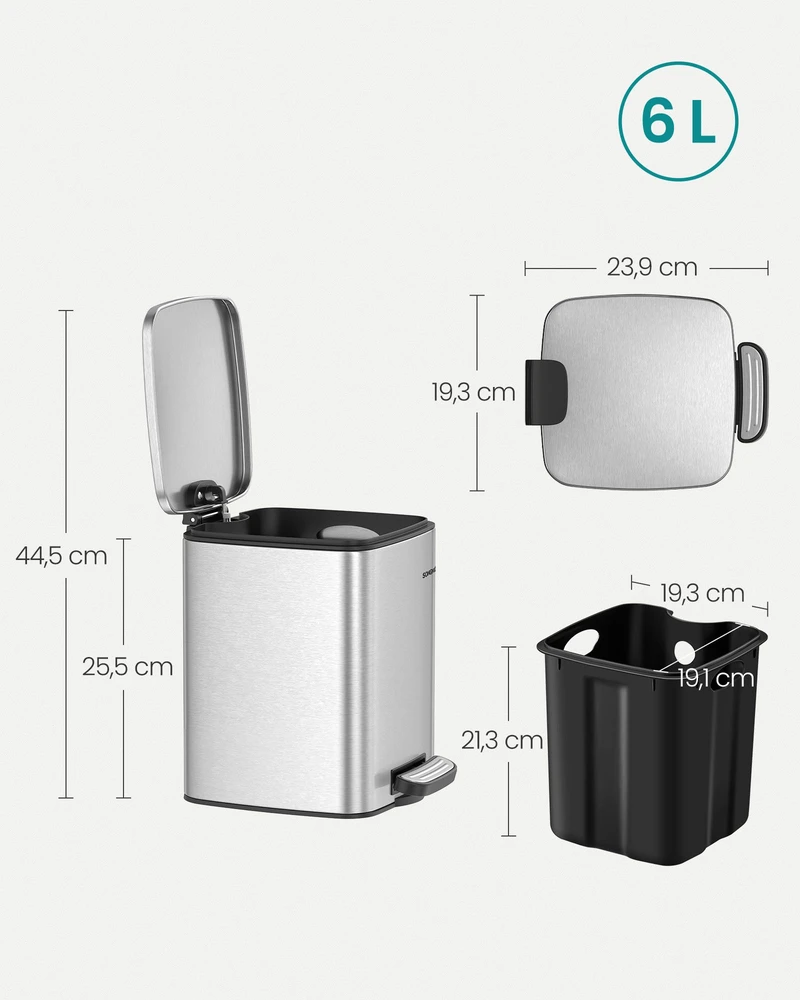 Koduva Kosmetinė pedalų šiukšliadėžė, 6 l, plieno, metalo sidabro spalvos, 23,9 x 19,3 x 25,5 cm