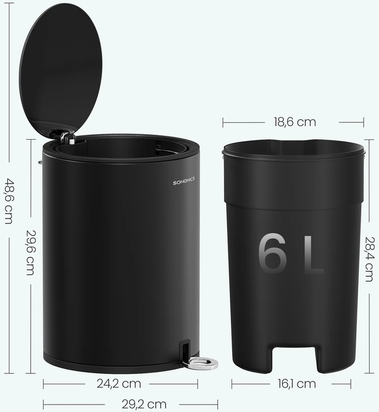 Koduva Kosmetinė šiukšliadėžė su dangčiu, 6 l, juoda, plienas ir plastikas, 29,2 x 21,6 x 29,6 cm