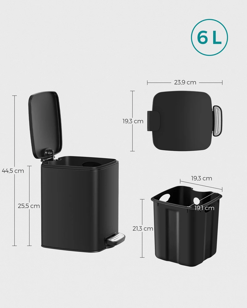 Koduva Kosmetinė šiukšliadėžė su pedalu, 6 l, juoda, plieninė, 23,9 x 19,3 x 25,5 cm