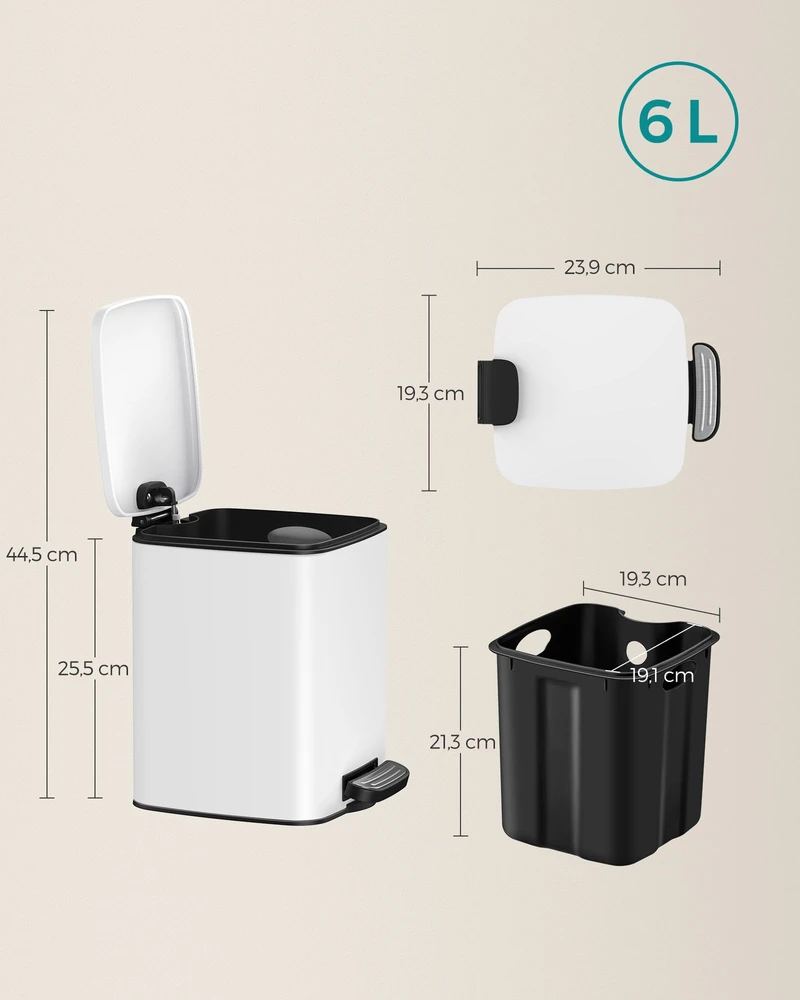 Koduva Kosmetinė šiukšliadėžė su pedalu, 6 l, balta, plieninė, 23,9 x 19,3 x 25,5 cm