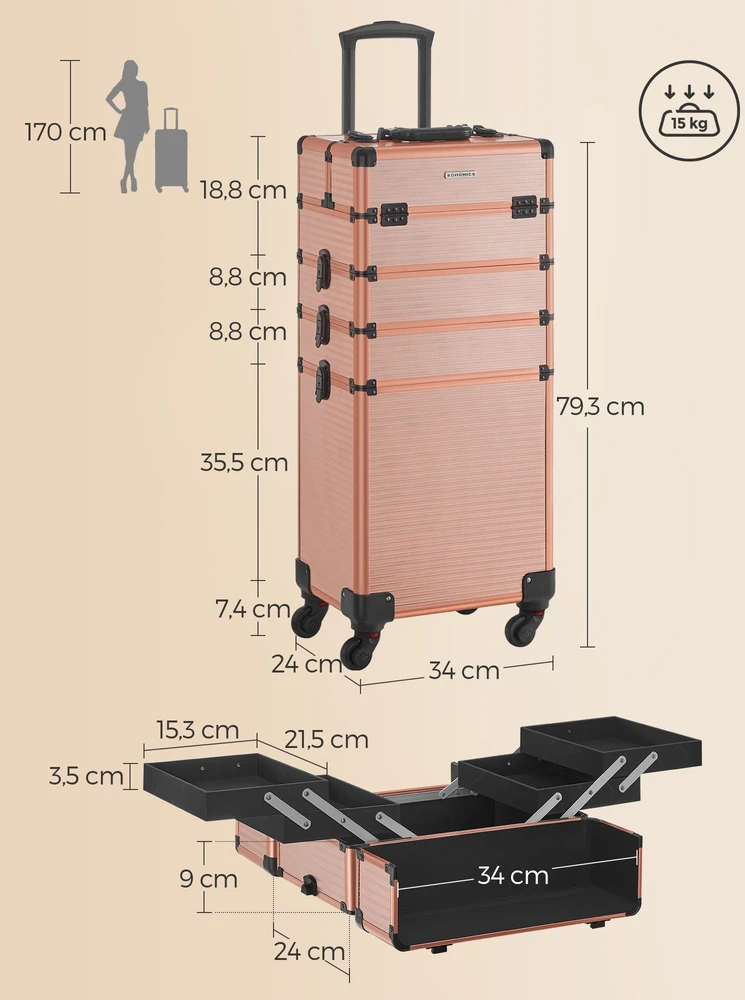 Songmics Kosmetinis lagaminas su ratukais, 4 dalių, aliuminio rėmas, šampano aukso, 34 x 24 x 79,3 cm