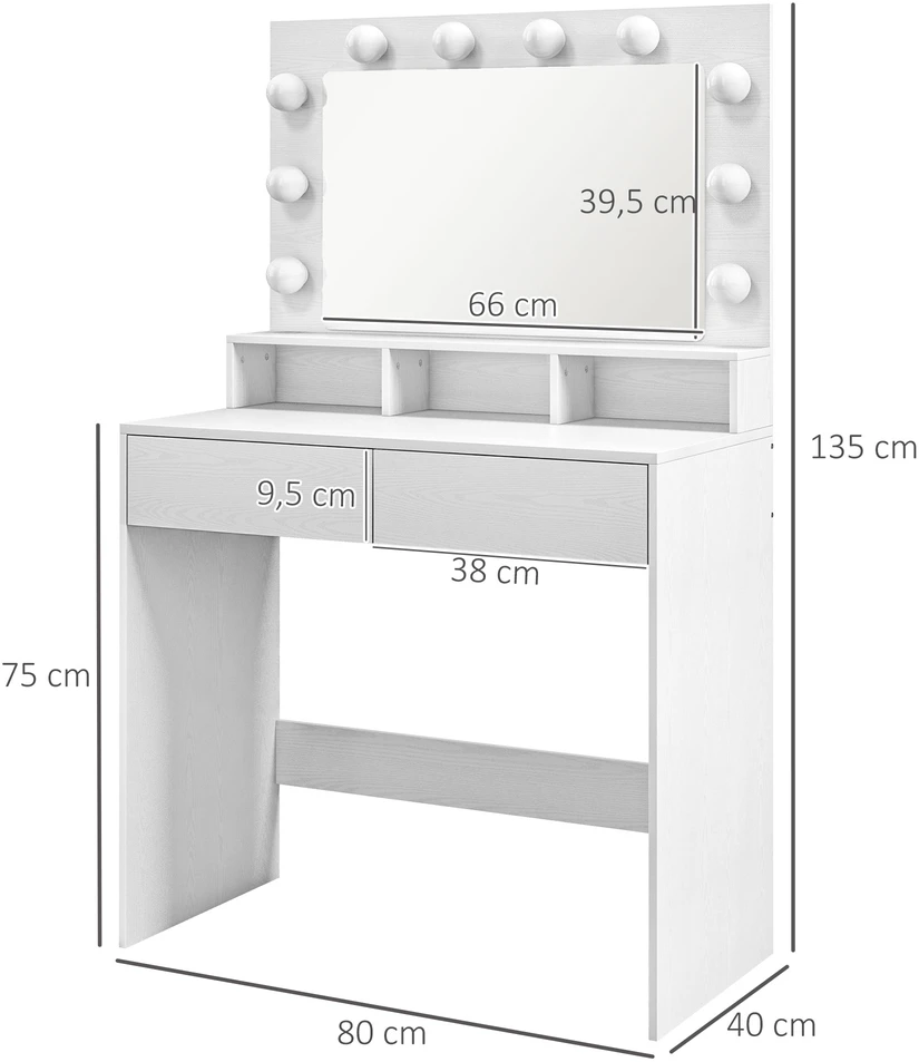 Aosom Kosmetinis staliukas su apšviestu veidrodžiu, 3 šviesos režimai, 10 lempučių, baltas, 80 x 40 x 135 cm