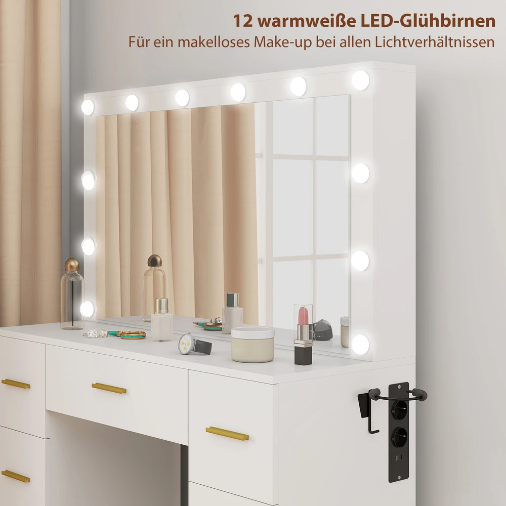 Aosom Kosmetinis staliukas su veidrodžiu ir 12 LED lempų, baltas, 100 x 40 x 137 cm
