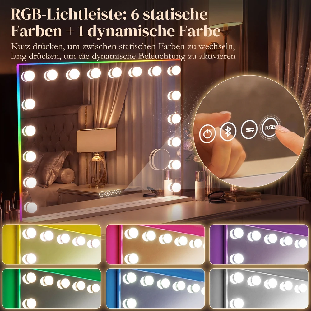 Aosom Kosmetinis veidrodis su 18 LED lempų, 3 spalvų režimai, RGB apšvietimas, Bluetooth garsiakalbis, 10x didinimas, baltas