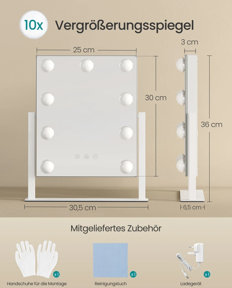 Koduva Kosmetinis veidrodis su apšvietimu, matinis baltas, stiklas ir MDF, 6,5 x 30,5 x 36 cm
