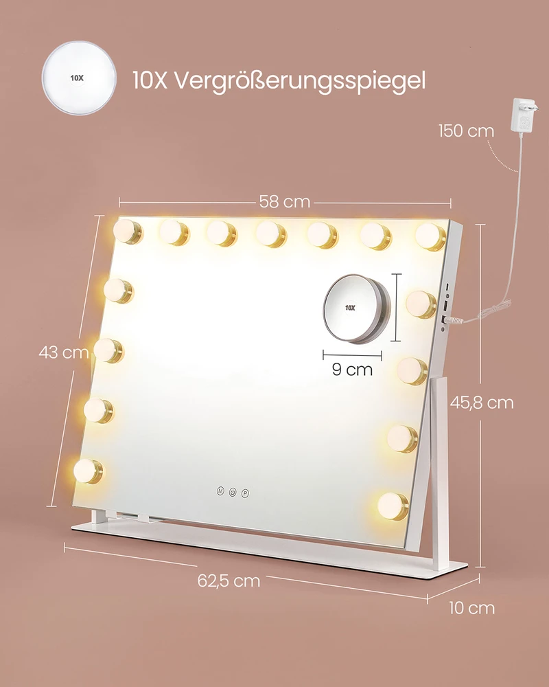 Koduva Kosmetinis veidrodis su apšvietimu, 15 LED lempučių, 58 x 43 cm, matinės baltos spalvos