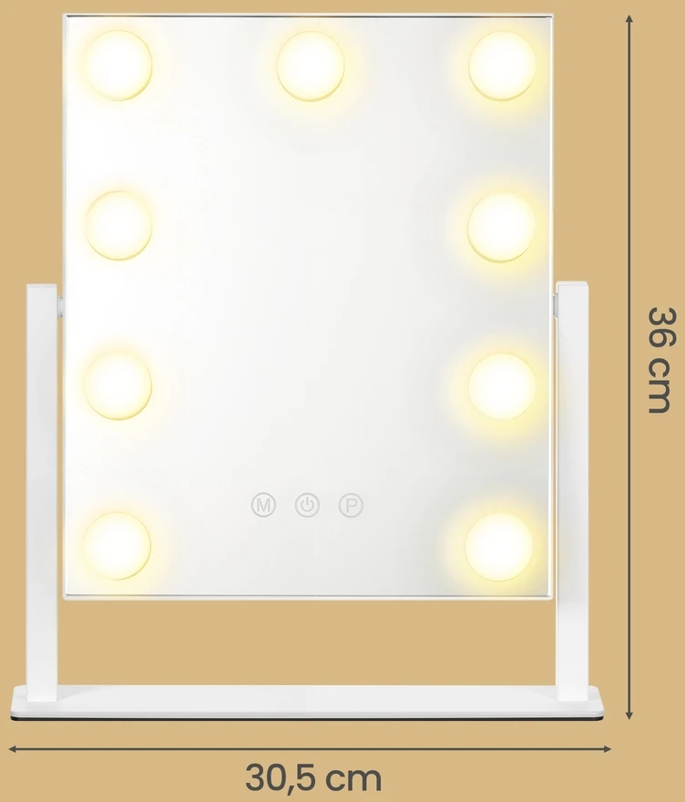 Songmics Kosmetinis veidrodis su LED apšvietimu, 15 lempučių, jutiklinis valdymas, baltas, 58 x 43 cm