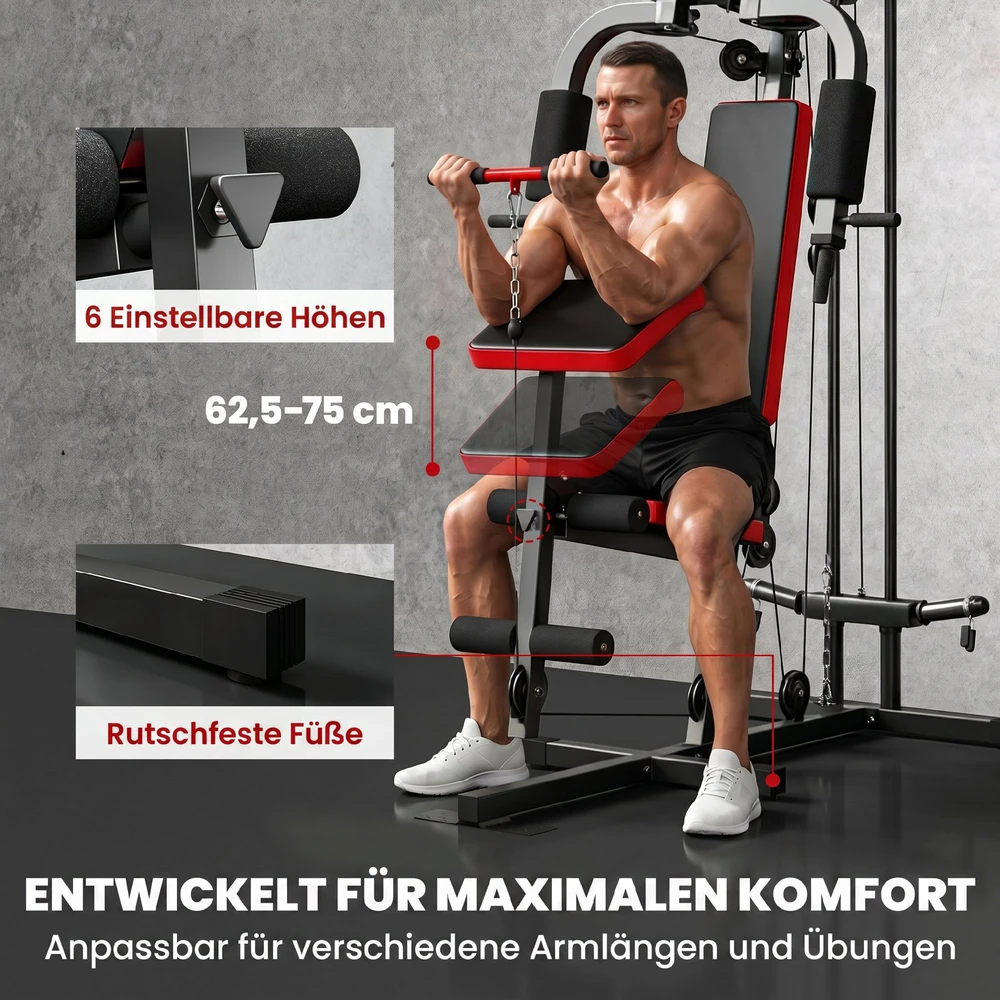 Aosom Kraftstation fitnesso stotis su viršutiniu traukos bloku, butterfly svirtimi, reguliuojamu „Preacher“ suoleliu, kojų treniruokliu, juoda+raudona, iki 120 kg