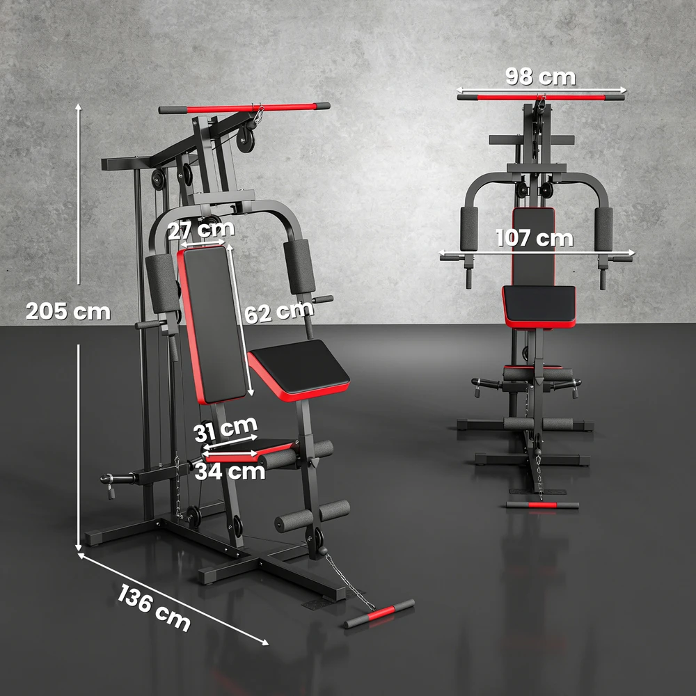 Aosom Kraftstation fitnesso stotis su viršutiniu traukos bloku, butterfly svirtimi, reguliuojamu „Preacher“ suoleliu, kojų treniruokliu, juoda+raudona, iki 120 kg