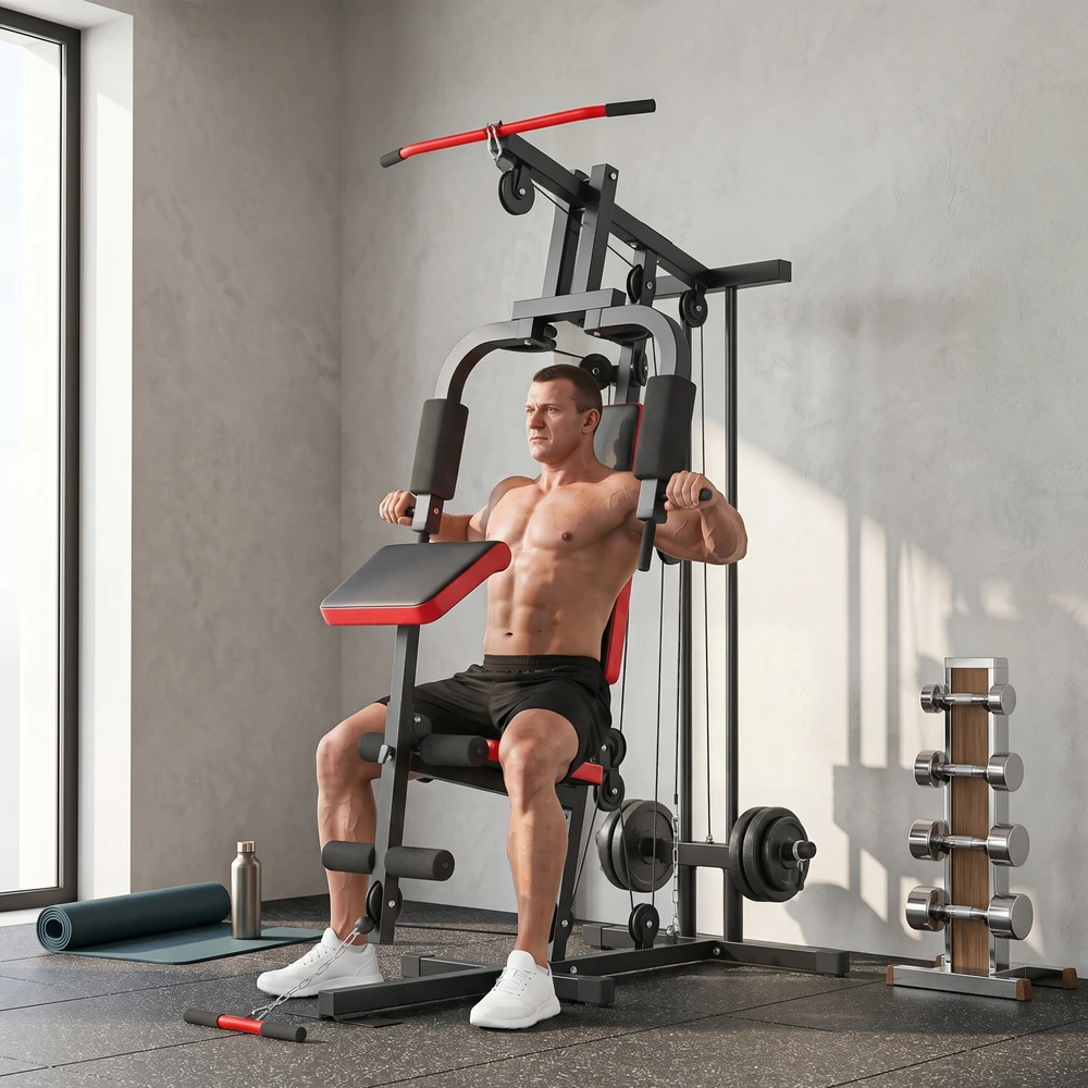 Aosom Kraftstation fitnesso stotis su viršutiniu traukos bloku, butterfly svirtimi, reguliuojamu „Preacher“ suoleliu, kojų treniruokliu, juoda+raudona, iki 120 kg