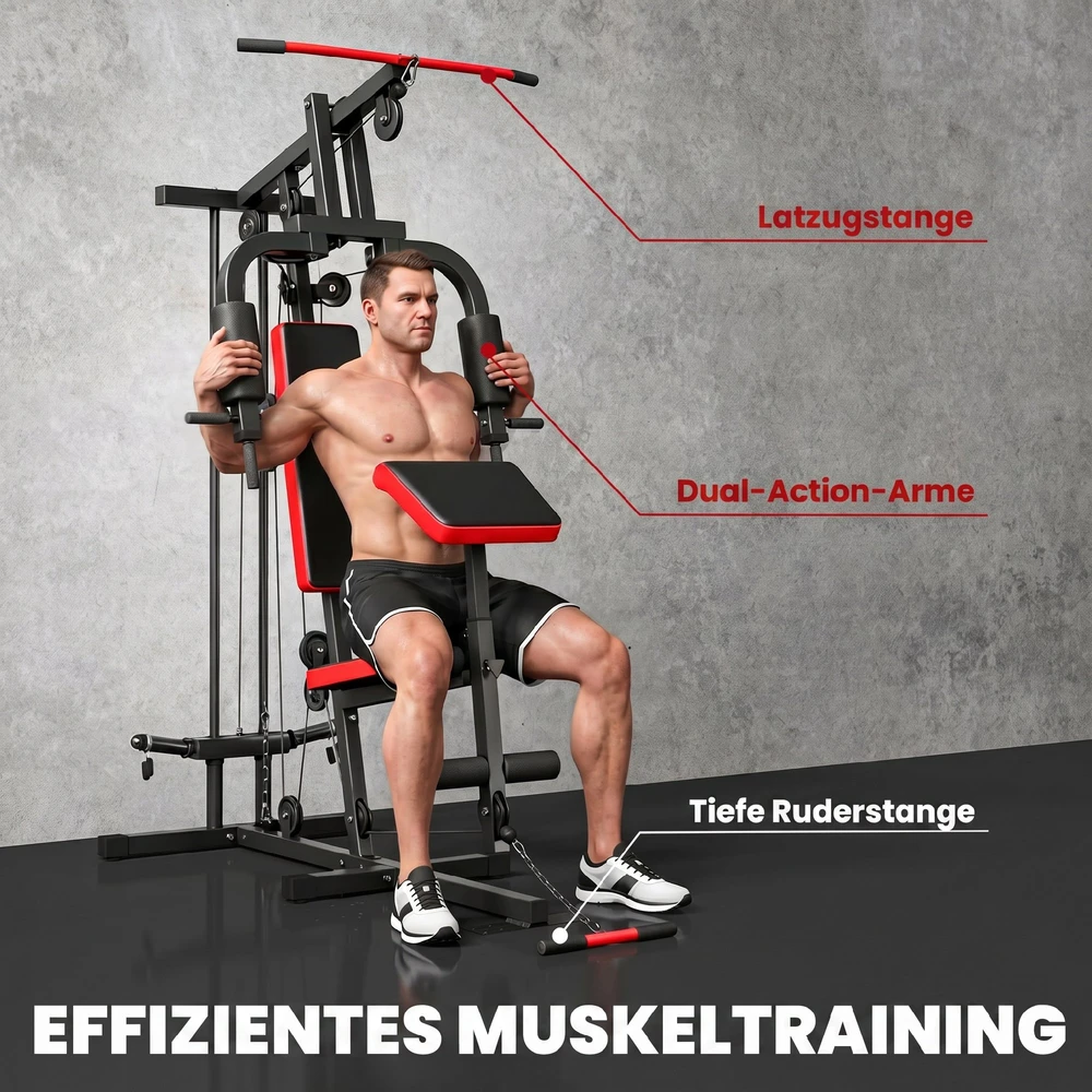 Aosom Kraftstation fitnesso stotis su viršutiniu traukos bloku, butterfly svirtimi, reguliuojamu „Preacher“ suoleliu, kojų treniruokliu, juoda+raudona, iki 120 kg