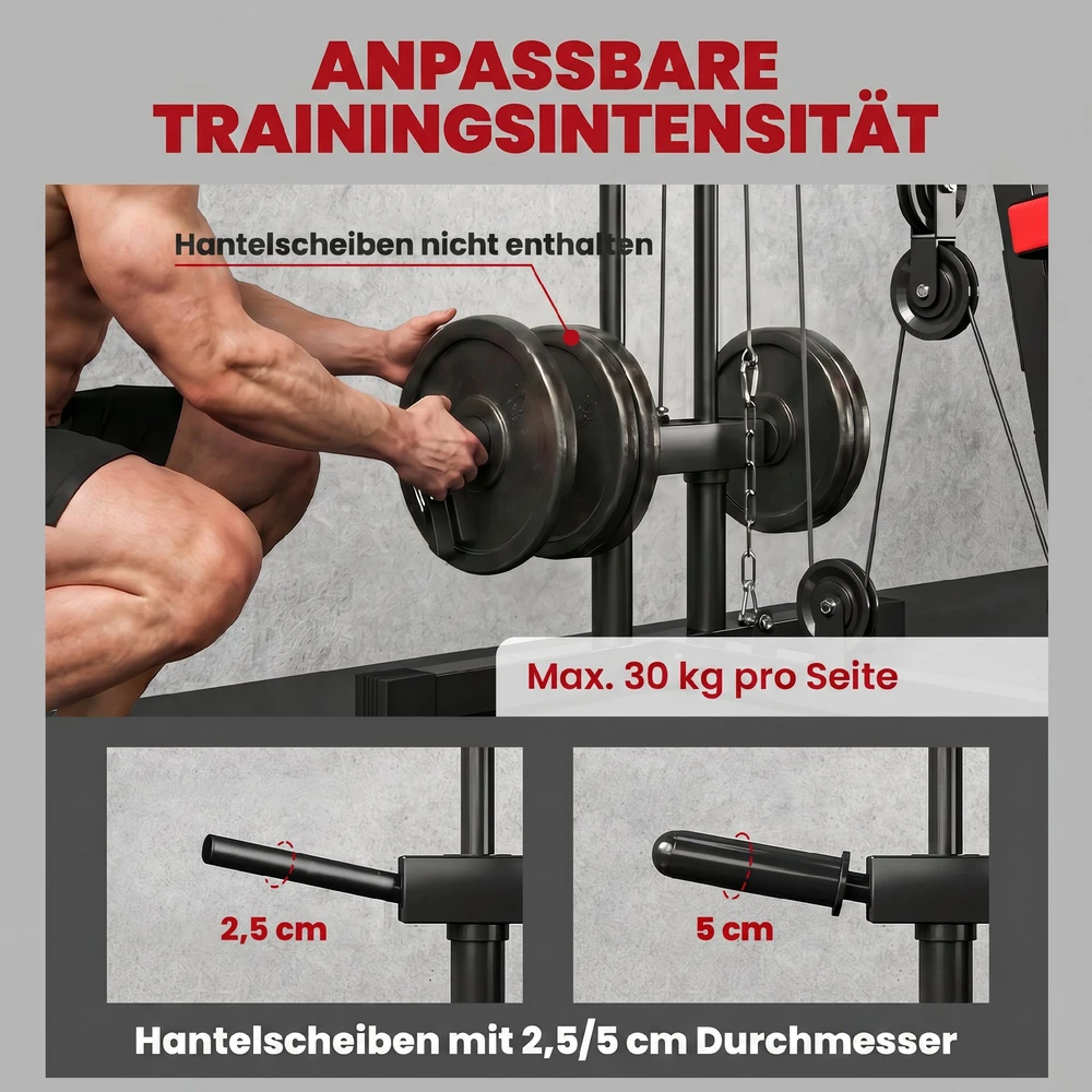 Aosom Kraftstation fitnesso stotis su viršutiniu traukos bloku, butterfly svirtimi, reguliuojamu „Preacher“ suoleliu, kojų treniruokliu, juoda+raudona, iki 120 kg