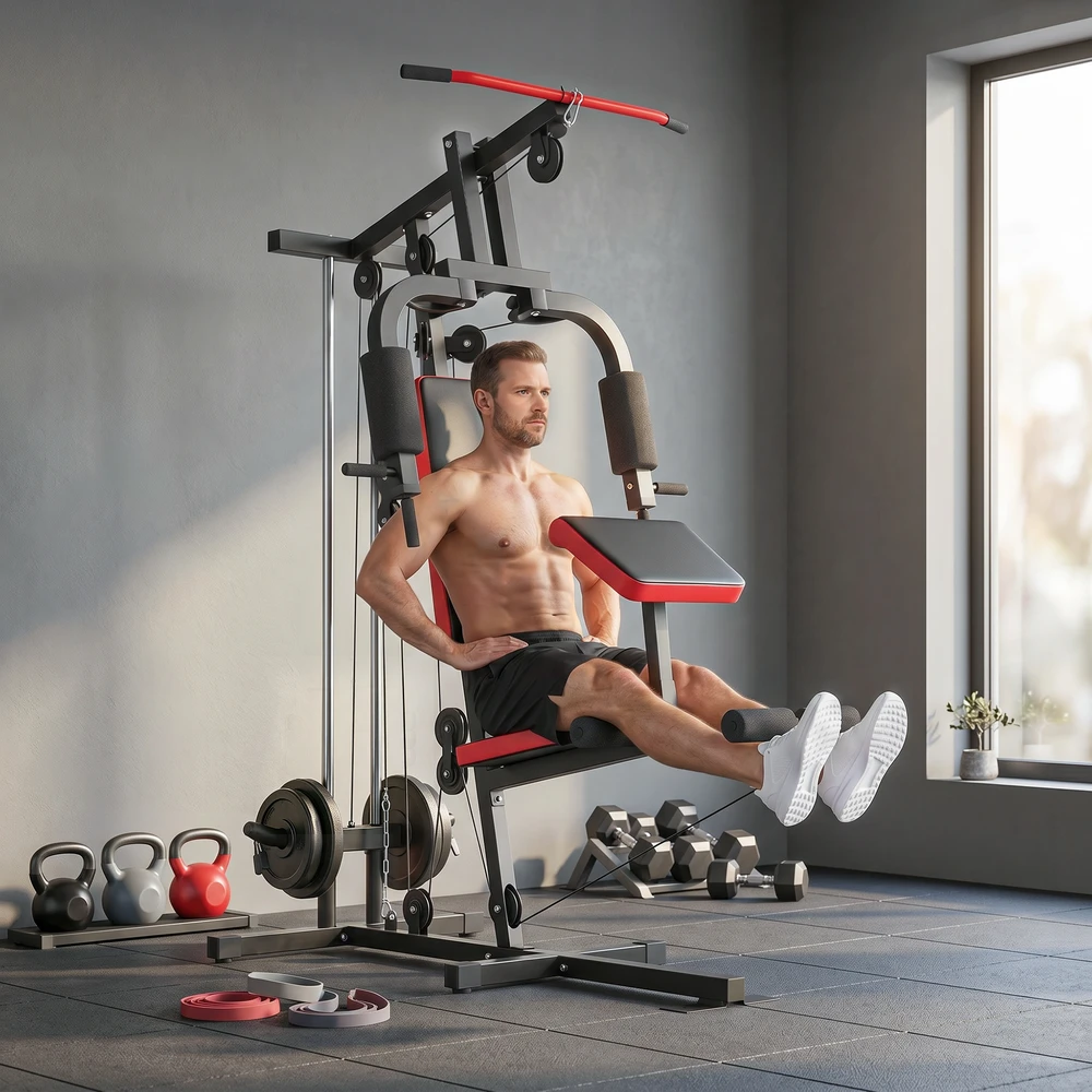 Aosom Kraftstation fitnesso stotis su viršutiniu traukos bloku, butterfly svirtimi, reguliuojamu „Preacher“ suoleliu, kojų treniruokliu, juoda+raudona, iki 120 kg