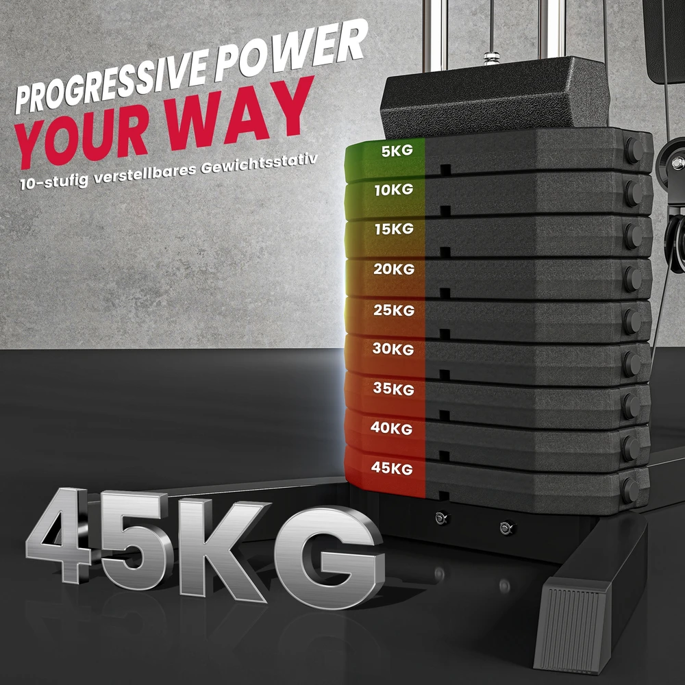 Aosom Kraftstation su 45 kg svorių bloku, 180 x 108 x 200 cm, juoda, plienas