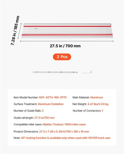 VEVOR Kreipiančioji bėgelio liniuotė diskiniam pjūklui, 1397 mm pjovimo diapazonas, aliuminis, 2 vnt. bėgelių + 1 jungtis