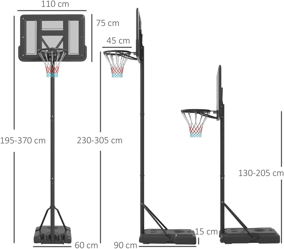 Aosom Krepšinio stovėjimo sistema, lauko / vidaus, reguliuojamas aukštis, su ratukais, užpildomas pagrindas, lankas 2,30-3,05 m